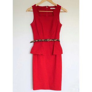 Red Sleeveless Fitted Dress with Peplum and Leopard Print Belt